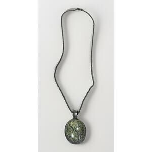 VTG Sterling Silver Serpentine Pendant Necklace Green Gemstone Cabochon 13.9g